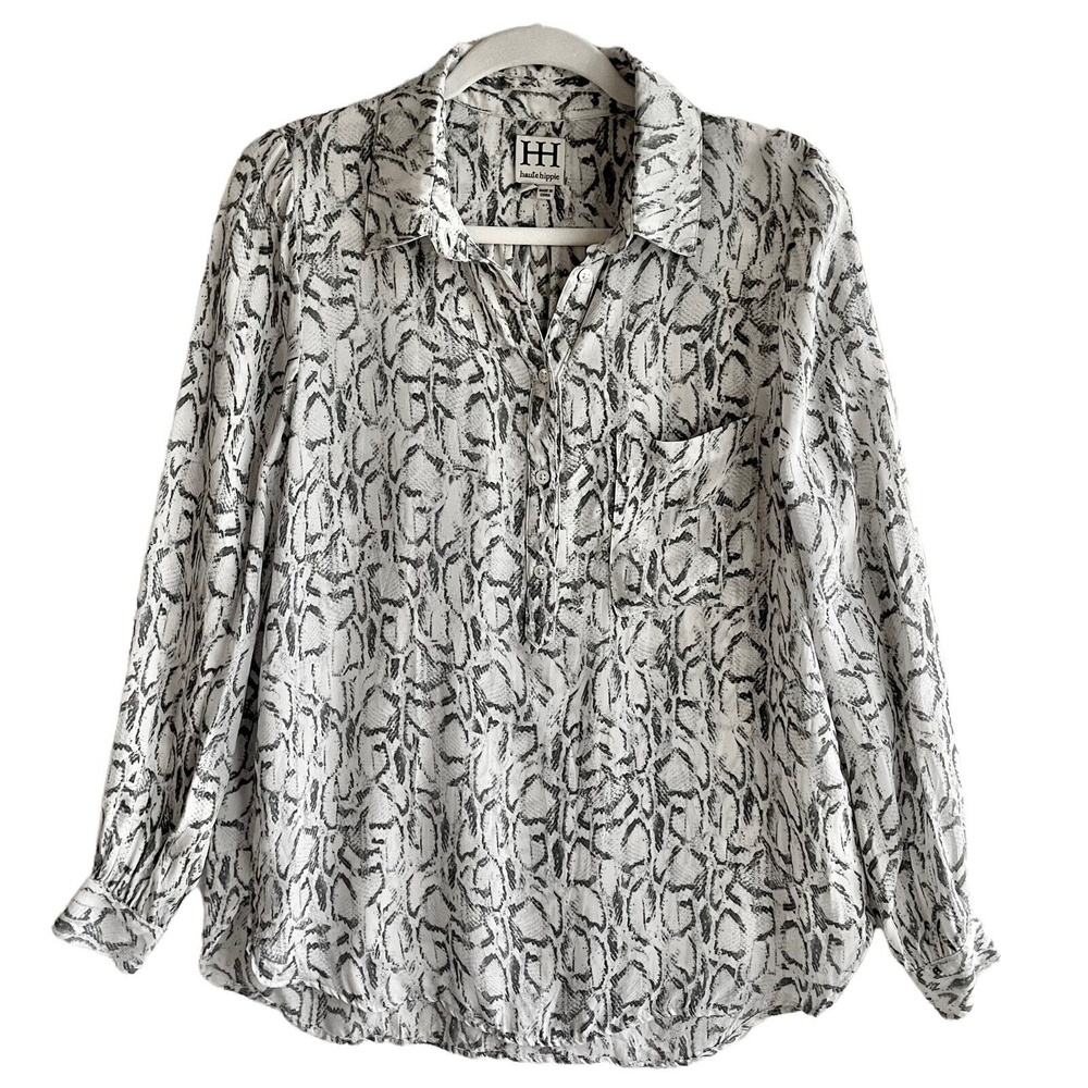 Haute Hippie 100% Silk Button Down Top Size L Long Sleeves Snake Animal Print